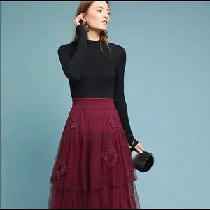 Anthropologie Akemi Kin Polka dot mesh layered burgundy line A skirt XL